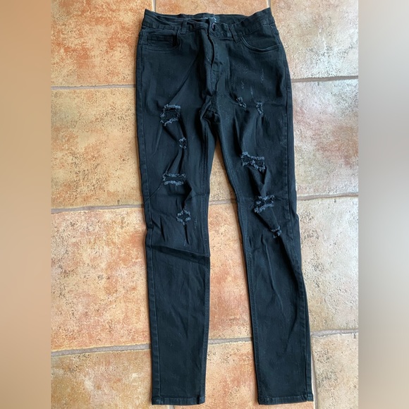 men's Ripped Skinny Stretch Jeans, Black - size 32 - Picture 1 of 7